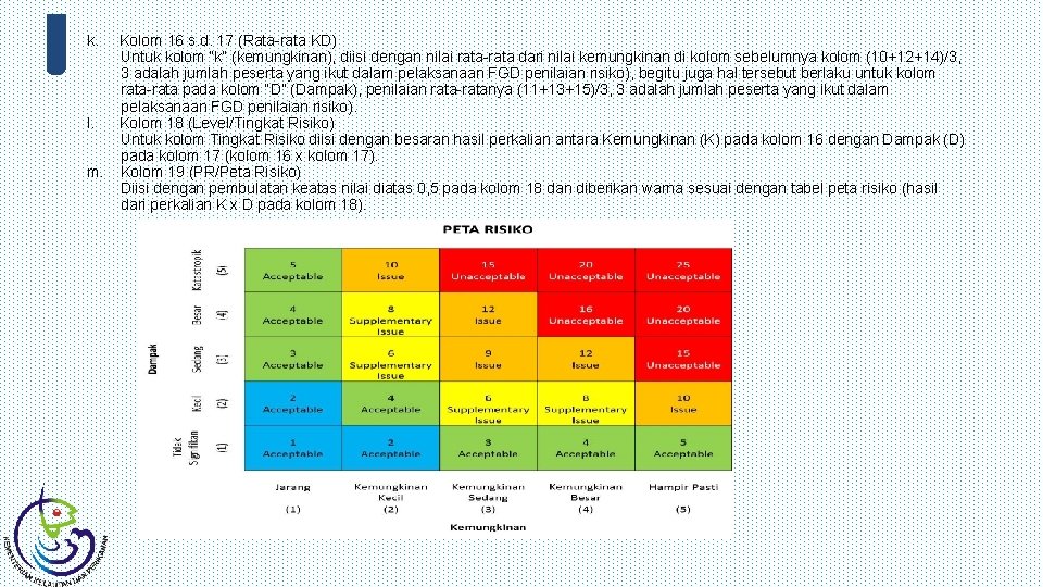 k. Kolom 16 s. d. 17 (Rata-rata KD) Untuk kolom “k” (kemungkinan), diisi dengan