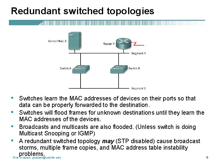 Redundant switched topologies • Switches learn the MAC addresses of devices on their ports