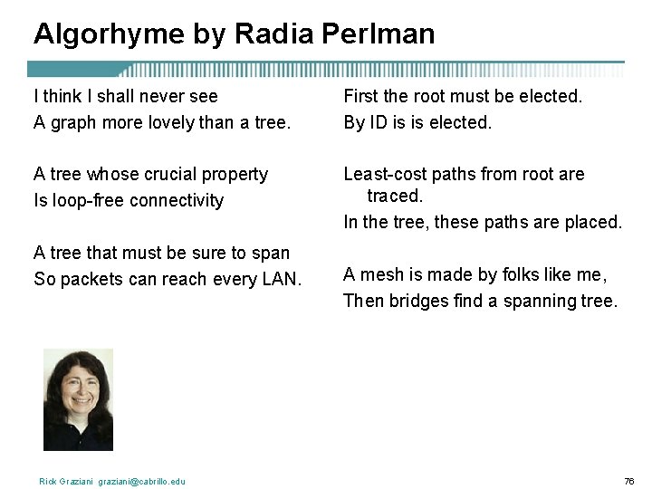 Algorhyme by Radia Perlman I think I shall never see A graph more lovely