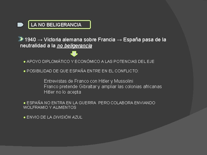 LA NO BELIGERANCIA 1940 → Victoria alemana sobre Francia → España pasa de la