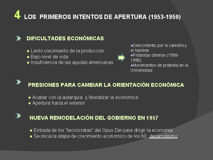 4 LOS PRIMEROS INTENTOS DE APERTURA (1953 -1959) DIFICULTADES ECONÓMICAS ● Lento crecimiento de