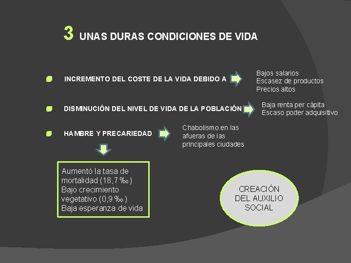3 UNAS DURAS CONDICIONES DE VIDA Bajos salarios Escasez de productos Precios altos INCREMENTO
