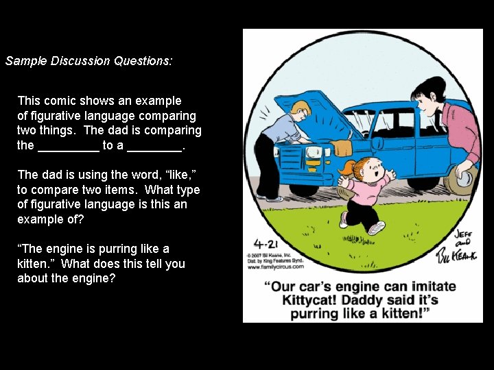 Sample Discussion Questions: This comic shows an example of figurative language comparing two things.