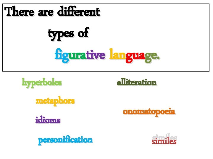 There are different types of figurative language. hyperboles metaphors idioms personification alliteration onomatopoeia similes