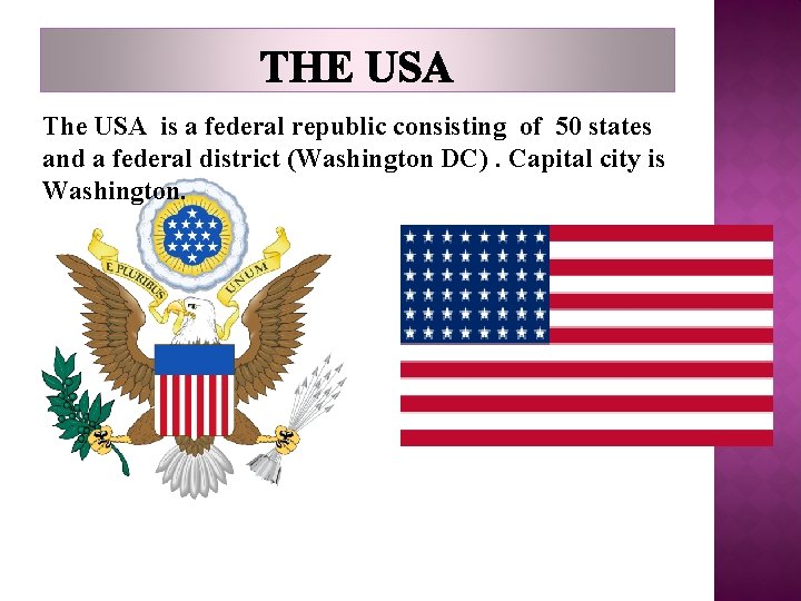 THE USA The USA is a federal republic consisting of 50 states and a