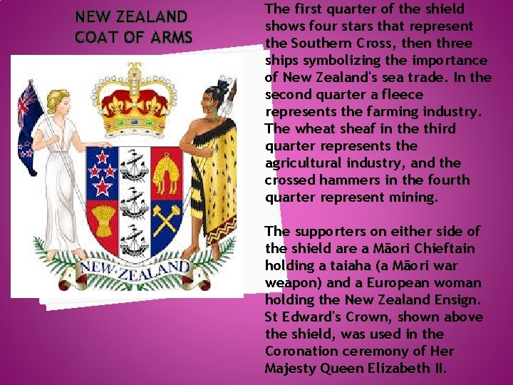 NEW ZEALAND COAT OF ARMS The first quarter of the shield shows four stars