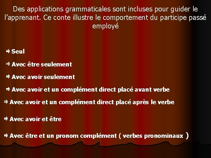 Des applications grammaticales sont incluses pour guider le l’apprenant. Ce conte illustre le comportement