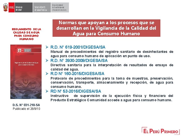 REGLAMENTO DE LA CALIDAD DE AGUA PARA CONSUMO HUMANO Normas que apoyan a los REGLAMENTO DE LA CALIDAD DE AGUA PARA CONSUMO HUMANO Normas que apoyan a los