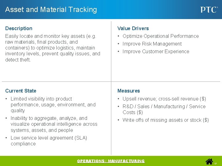 Asset and Material Tracking Description Value Drivers Easily locate and monitor key assets (e.