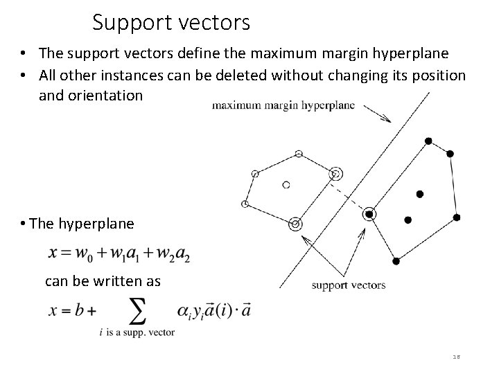 Support vectors • The support vectors define the maximum margin hyperplane • All other