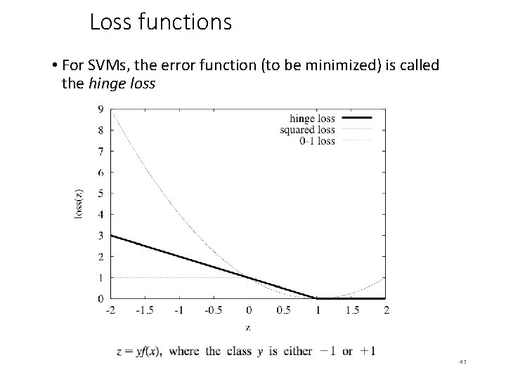 Loss functions • For SVMs, the error function (to be minimized) is called the