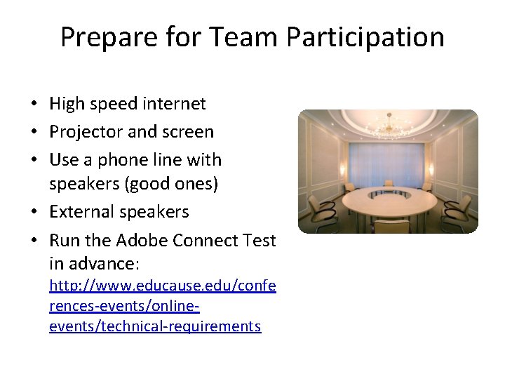 Prepare for Team Participation • High speed internet • Projector and screen • Use