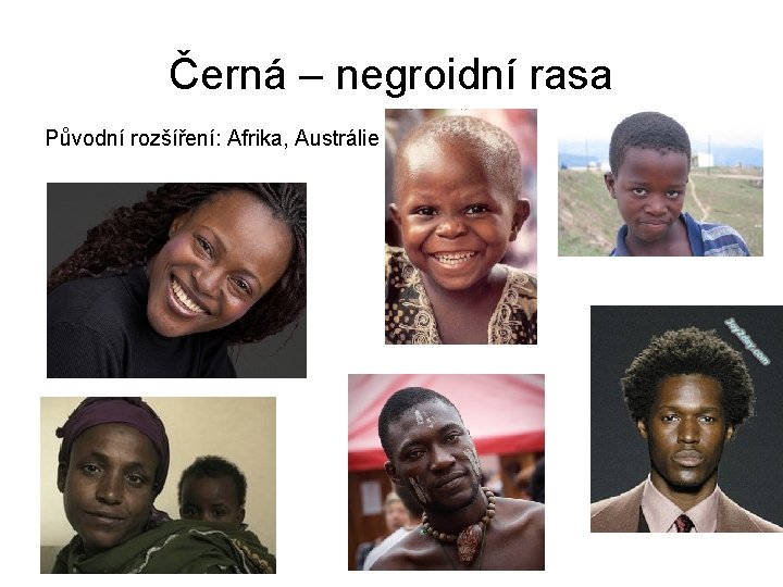 Černá – negroidní rasa Původní rozšíření: Afrika, Austrálie 