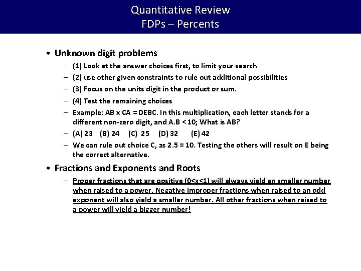 Quantitative Review FDPs – Percents • Unknown digit problems – – – (1) Look