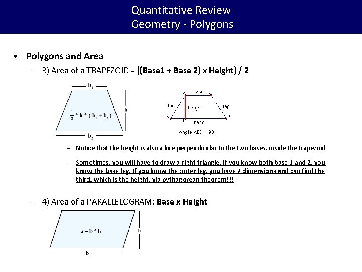 Quantitative Review Geometry - Polygons • Polygons and Area – 3) Area of a