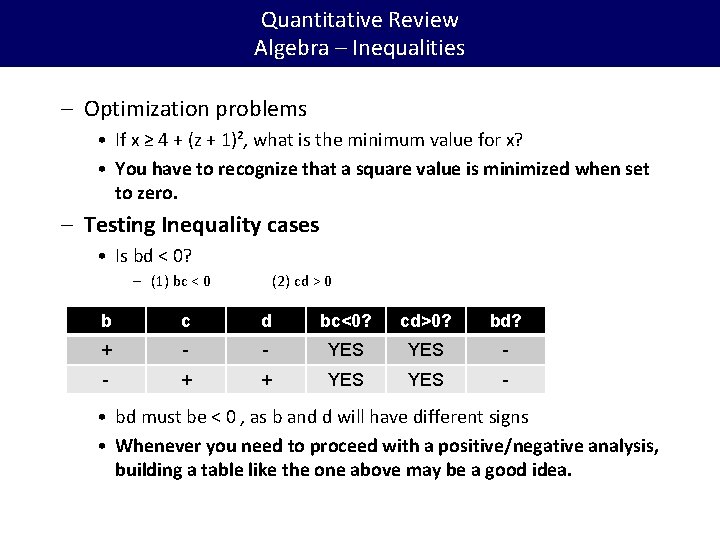 Quantitative Review Algebra – Inequalities – Optimization problems • If x ≥ 4 +