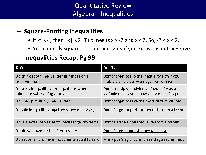 Quantitative Review Algebra – Inequalities – Square-Rooting inequalities • If x² < 4, then