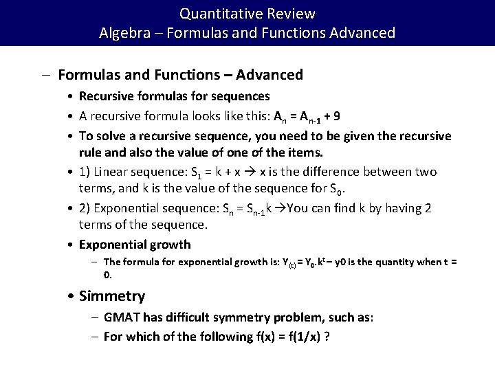 Quantitative Review Algebra – Formulas and Functions Advanced – Formulas and Functions – Advanced