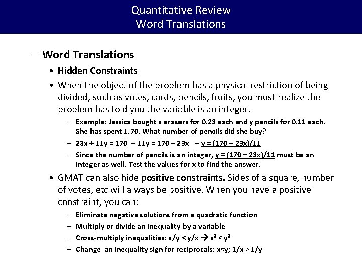 Quantitative Review Word Translations – Word Translations • Hidden Constraints • When the object