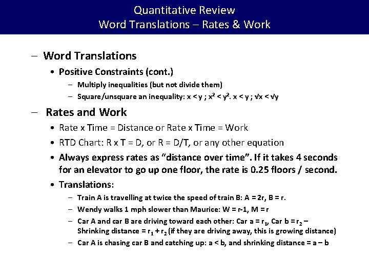 Quantitative Review Word Translations – Rates & Work – Word Translations • Positive Constraints