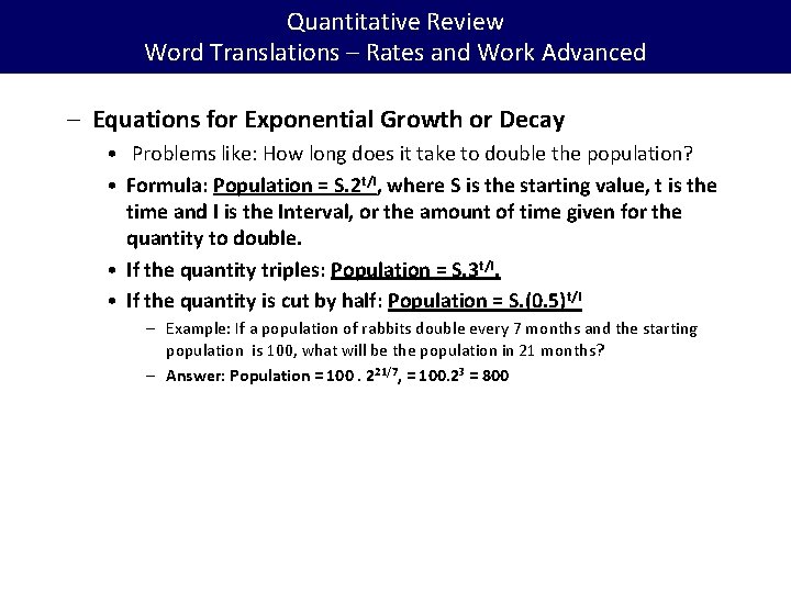 Quantitative Review Word Translations – Rates and Work Advanced – Equations for Exponential Growth