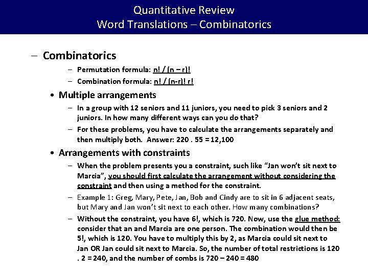 Quantitative Review Word Translations – Combinatorics – Permutation formula: n! / (n – r)!