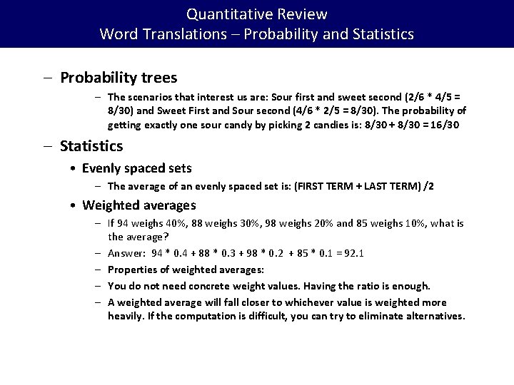 Quantitative Review Word Translations – Probability and Statistics – Probability trees – The scenarios