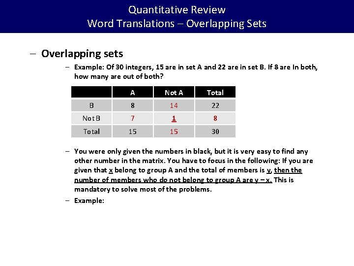 Quantitative Review Word Translations – Overlapping Sets – Overlapping sets – Example: Of 30