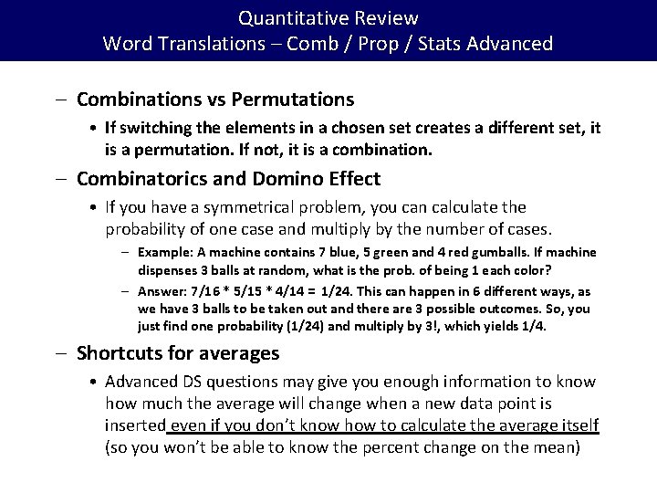 Quantitative Review Word Translations – Comb / Prop / Stats Advanced – Combinations vs