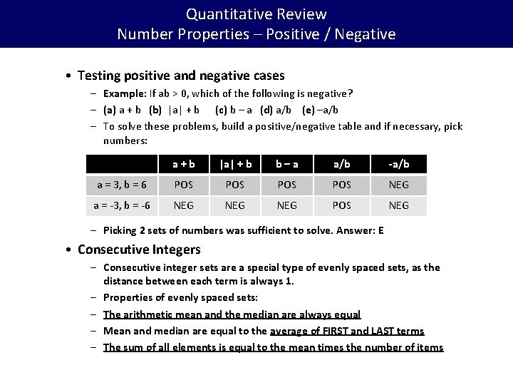 Quantitative Review Number Properties – Positive / Negative • Testing positive and negative cases