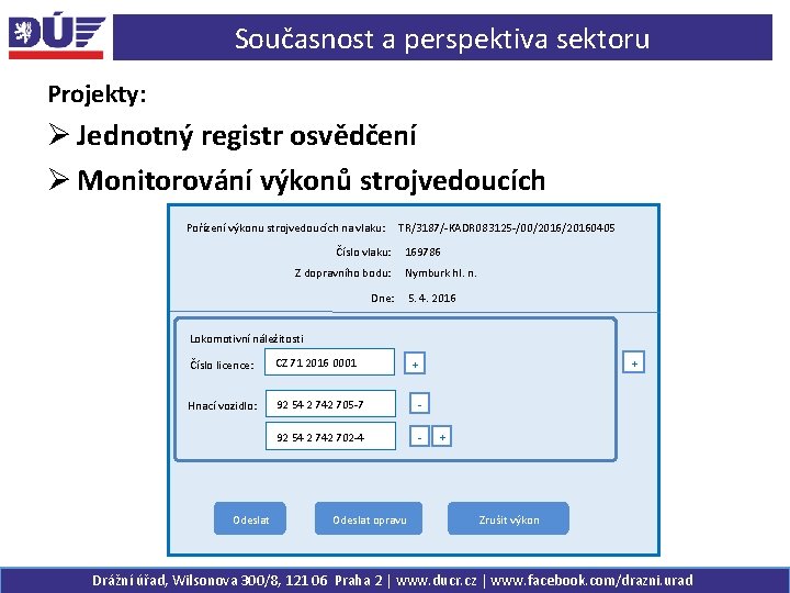 Současnost a perspektiva sektoru Projekty: Ø Jednotný registr osvědčení Ø Monitorování výkonů strojvedoucích Pořízení