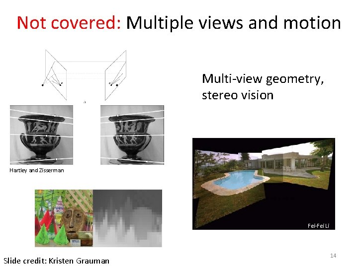 Not covered: Multiple views and motion Multi-view geometry, stereo vision Lowe Hartley and Zisserman Not covered: Multiple views and motion Multi-view geometry, stereo vision Lowe Hartley and Zisserman