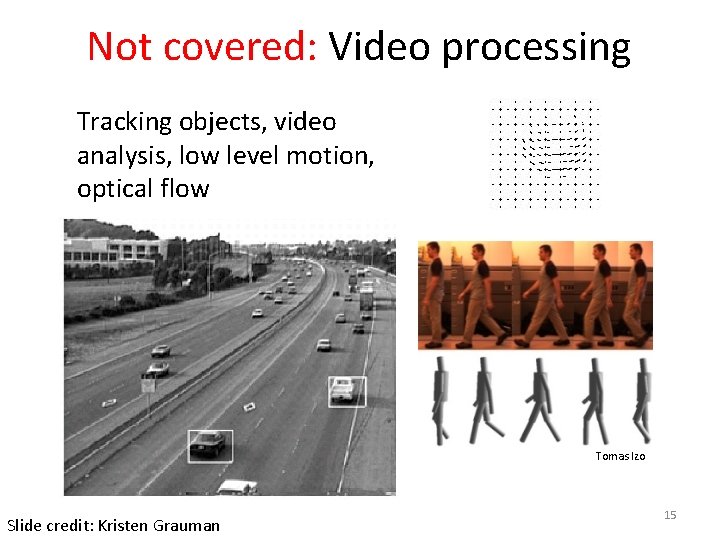 Not covered: Video processing Tracking objects, video analysis, low level motion, optical flow Tomas Not covered: Video processing Tracking objects, video analysis, low level motion, optical flow Tomas
