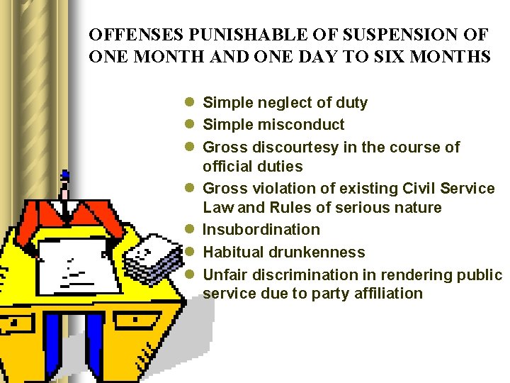 OFFENSES PUNISHABLE OF SUSPENSION OF ONE MONTH AND ONE DAY TO SIX MONTHS l