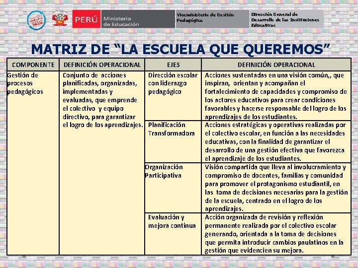 Viceministerio de Gestión Pedagógica Dirección General de Desarrollo de las Instituciones Educativas MATRIZ DE