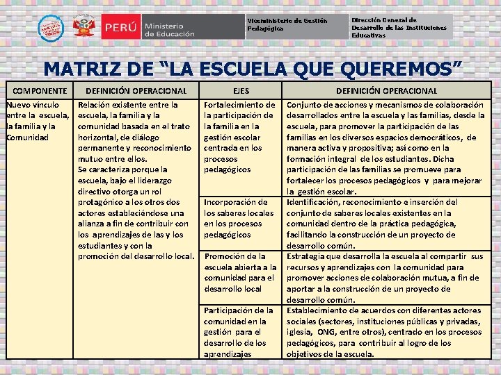 Viceministerio de Gestión Pedagógica Dirección General de Desarrollo de las Instituciones Educativas MATRIZ DE