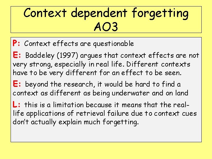 Context dependent forgetting AO 3 P: Context effects are questionable E: Baddeley (1997) argues
