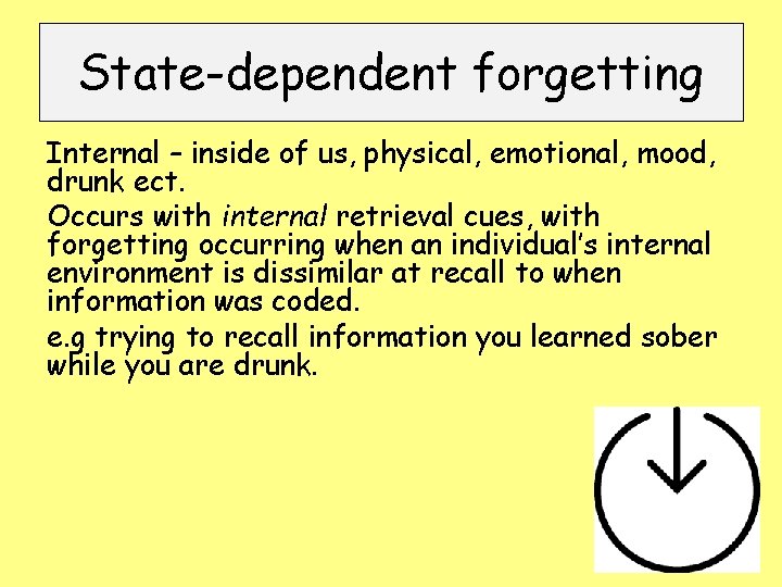 State-dependent forgetting Internal – inside of us, physical, emotional, mood, drunk ect. Occurs with