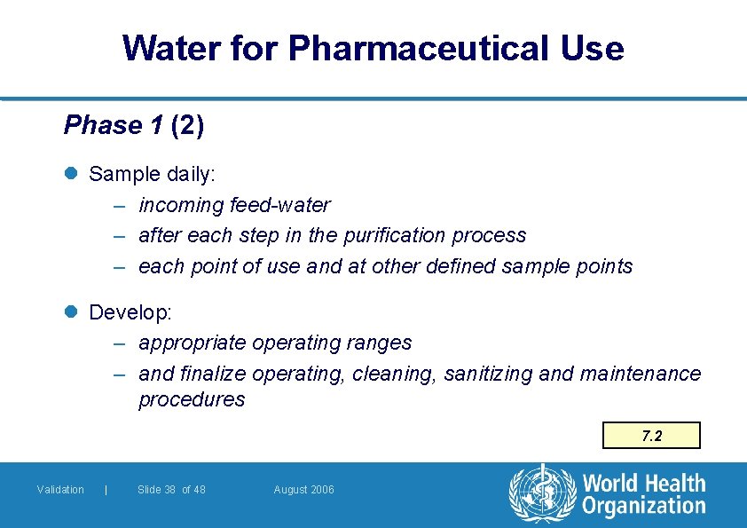 Water for Pharmaceutical Use Phase 1 (2) l Sample daily: – incoming feed-water –