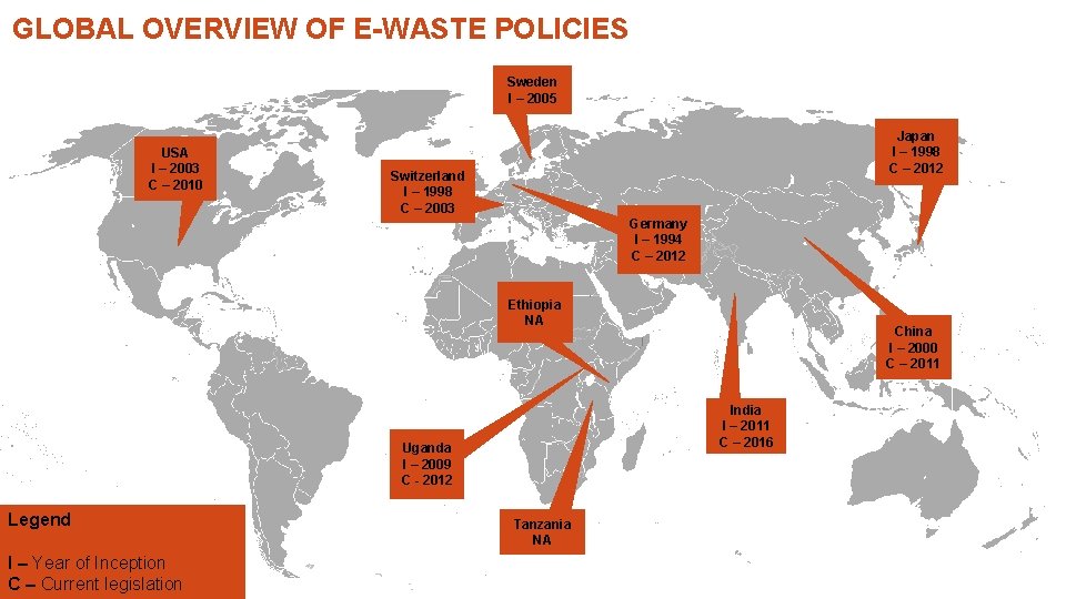 GLOBAL OVERVIEW OF E-WASTE POLICIES Sweden I – 2005 USA I – 2003 C
