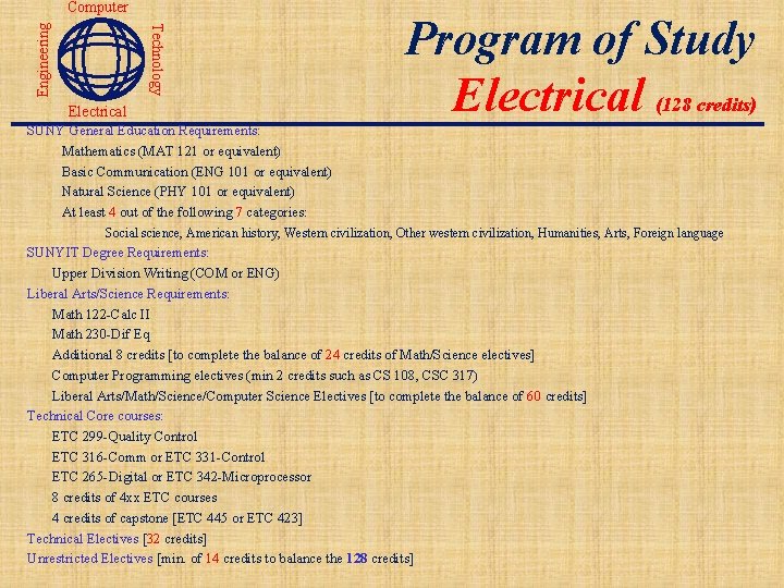 Technology Engineering Computer Electrical Program of Study Electrical (128 credits) SUNY General Education Requirements: