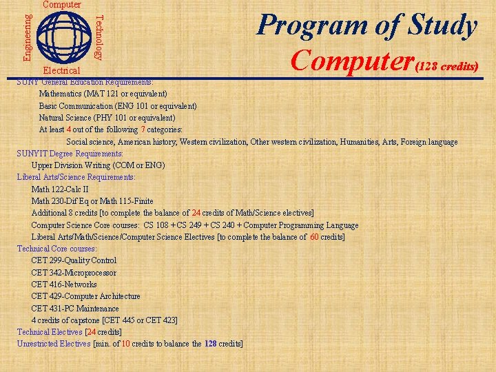 Technology Engineering Computer Electrical Program of Study Computer(128 credits) SUNY General Education Requirements: Mathematics