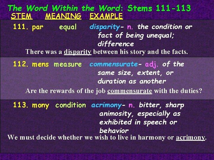 The Word Within the Word: Stems 111 -113 STEM MEANING 111. par equal EXAMPLE