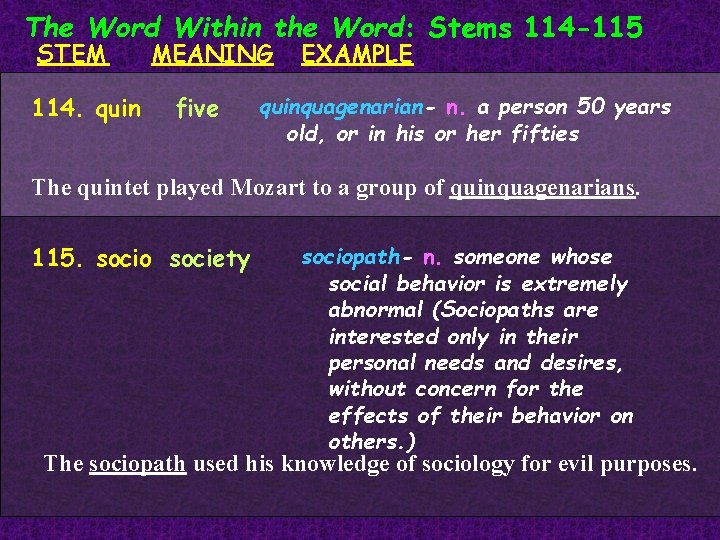 The Word Within the Word: Stems 114 -115 STEM 114. quin MEANING five EXAMPLE