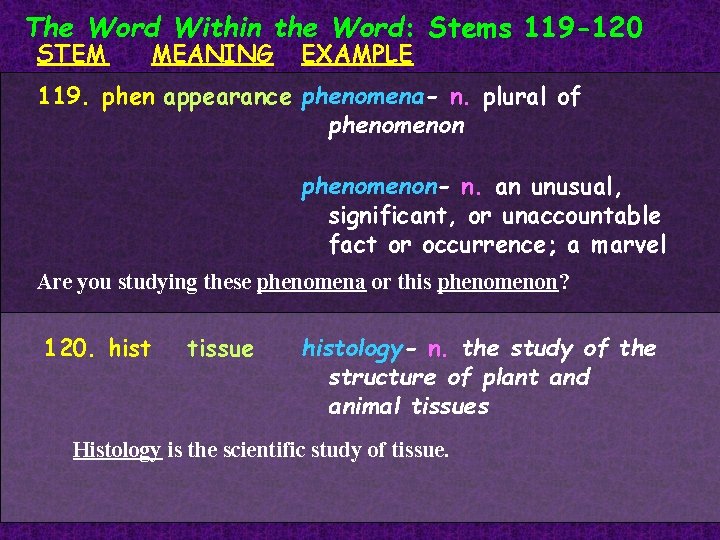 The Word Within the Word: Stems 119 -120 STEM MEANING EXAMPLE 119. phen appearance