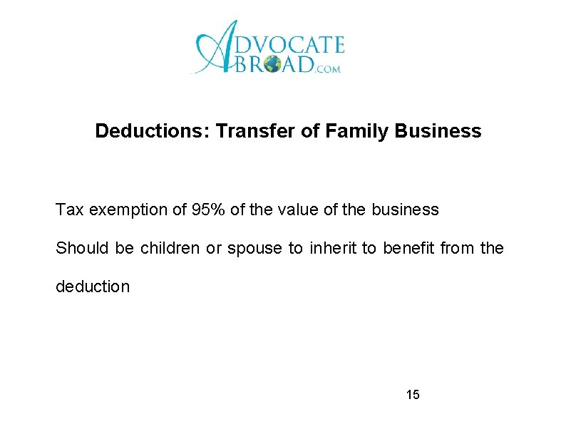 Deductions: Transfer of Family Business Tax exemption of 95% of the value of the