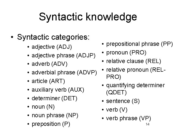 Syntactic knowledge • Syntactic categories: • • • adjective (ADJ) adjective phrase (ADJP) adverb