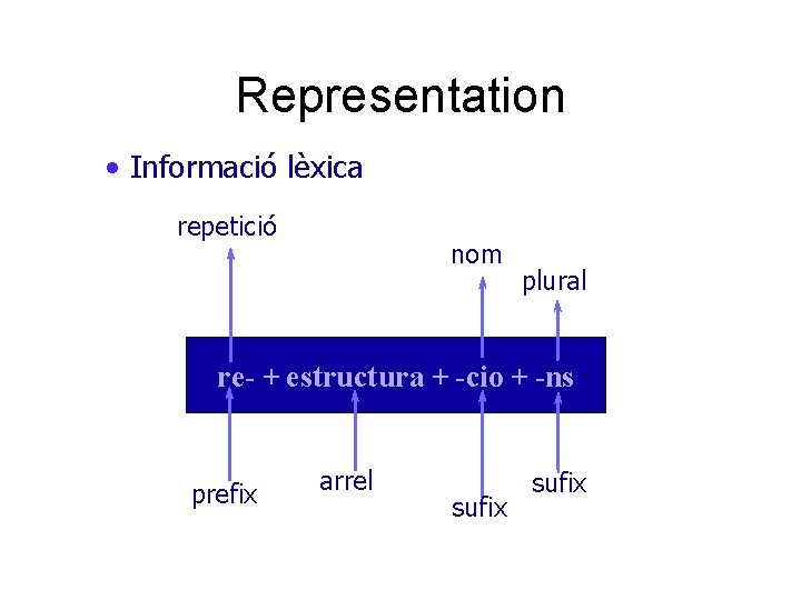 Representation • Informació lèxica repetició nom plural re- + estructura + -cio + -ns