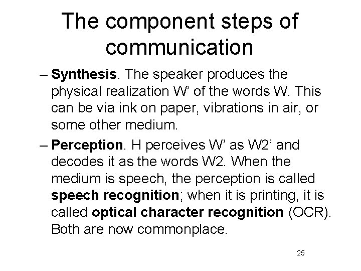 The component steps of communication – Synthesis. The speaker produces the physical realization W’