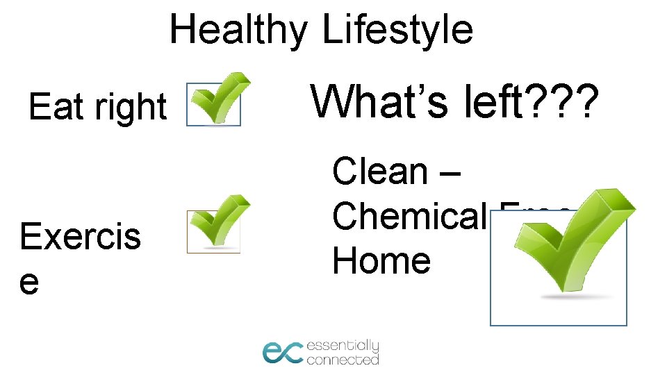 Healthy Lifestyle Eat right Exercis e What’s left? ? ? Clean – Chemical Free